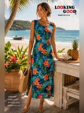 VTG Looking Good Tropical Floral Maxi Dress Made USA Hawaiian Resort,Size Small